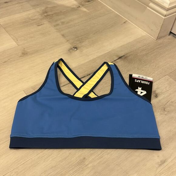 Fourlaps NWT Infinity Sports Bra Azure Midnight Banana with crossed straps back. - Picture 3 of 9